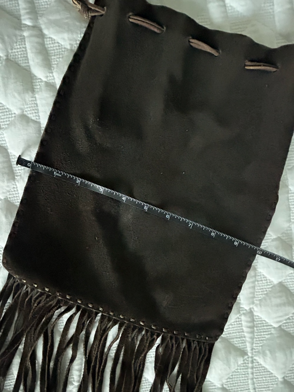 Handmade Brown Suede Drawstring Crossbody Shoulder Bag with Fringe - Vintage! - Picture 10 of 12